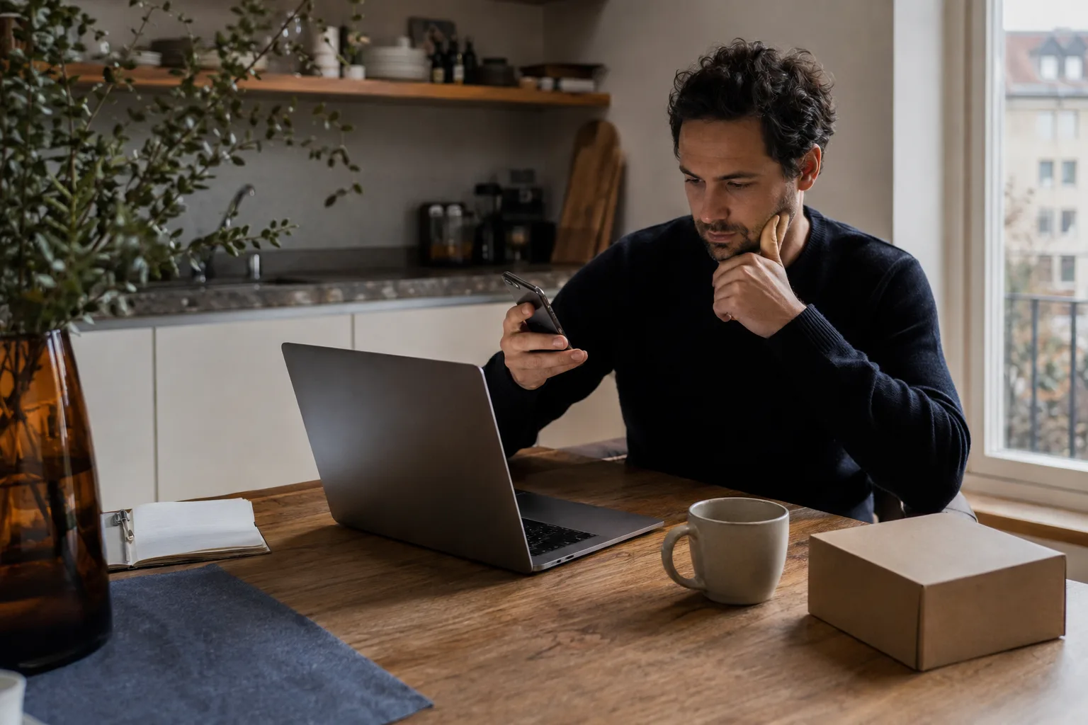 A person comparing a purchase at a kitchen table