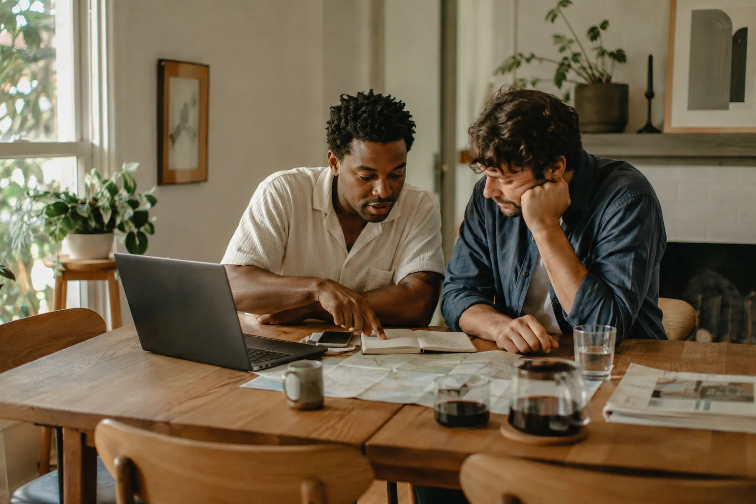 Two friends planning a trip together at a dining table